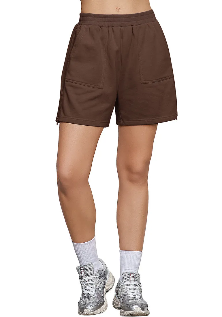 Chocolate Brown Women's Shorts High Waist Elastic Waistband Regular Fit Comfort Shorts