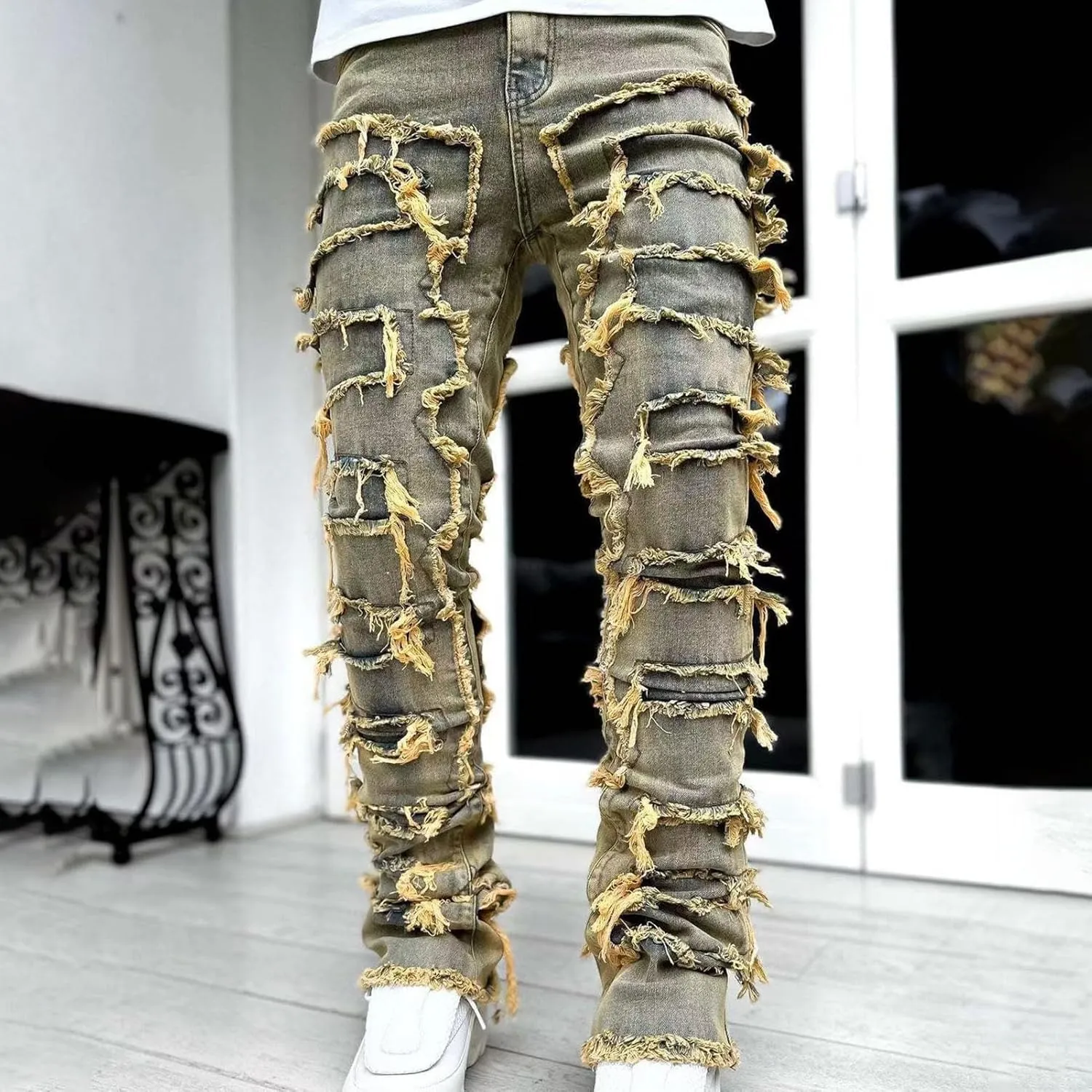 COOLMONAR Men's Ripped Distressed Destroyed Slim Fit Straight Leg Denim Jeans