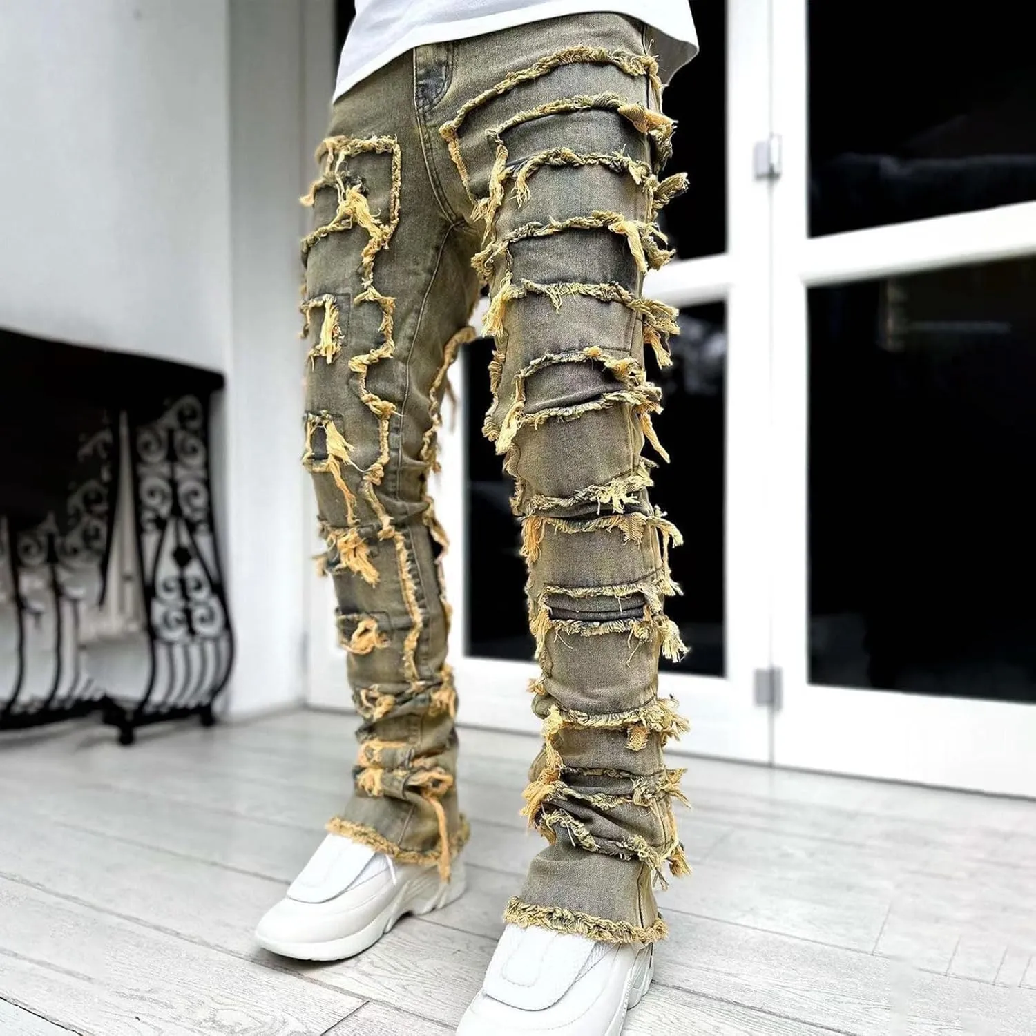 COOLMONAR Men's Ripped Distressed Destroyed Slim Fit Straight Leg Denim Jeans