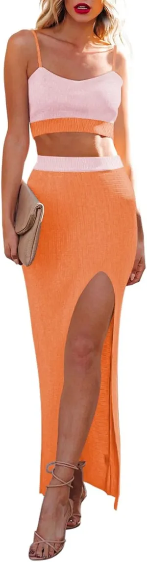 Cutiefox Women's Knit 2 Piece Dress Cami Crop Top High Side Slit Bodycon Long Skirt Set