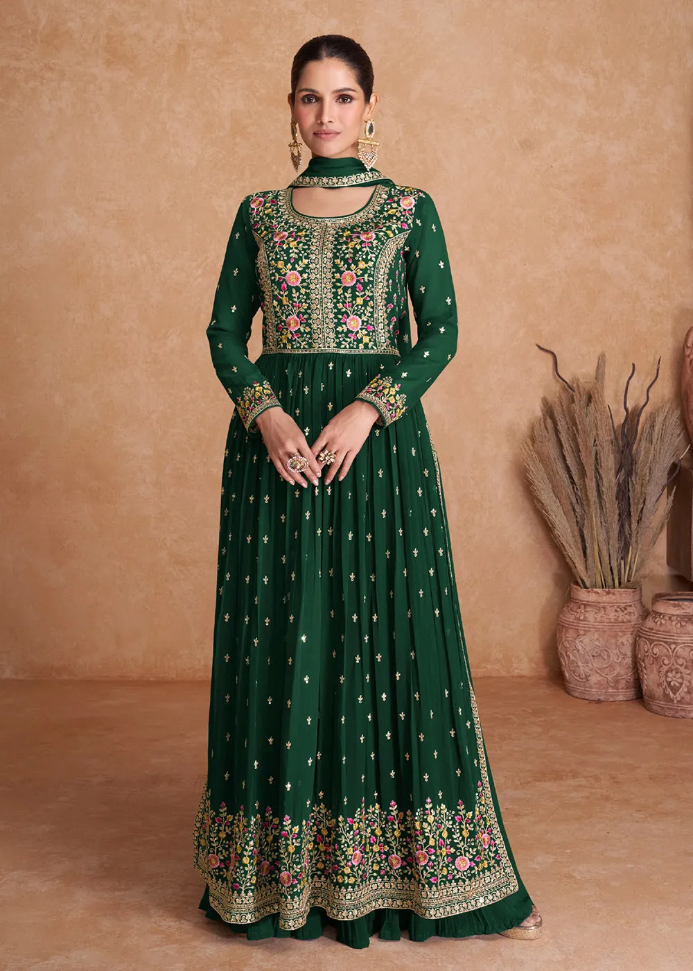 Dark Green Wedding Long Top Georgette Palazzo Suit