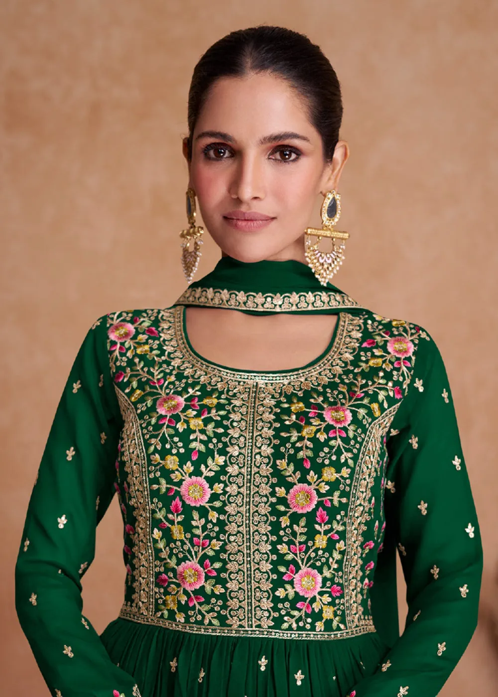 Dark Green Wedding Long Top Georgette Palazzo Suit