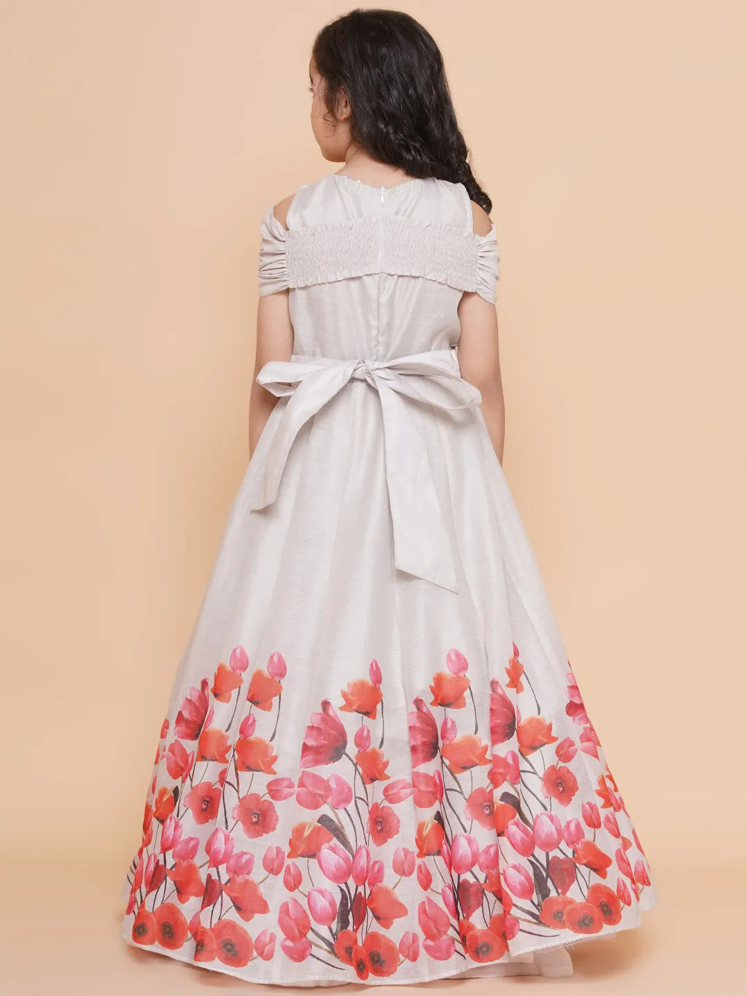 Girls Off White Flower Digital Printed Fit & Flared Maxi Dress.