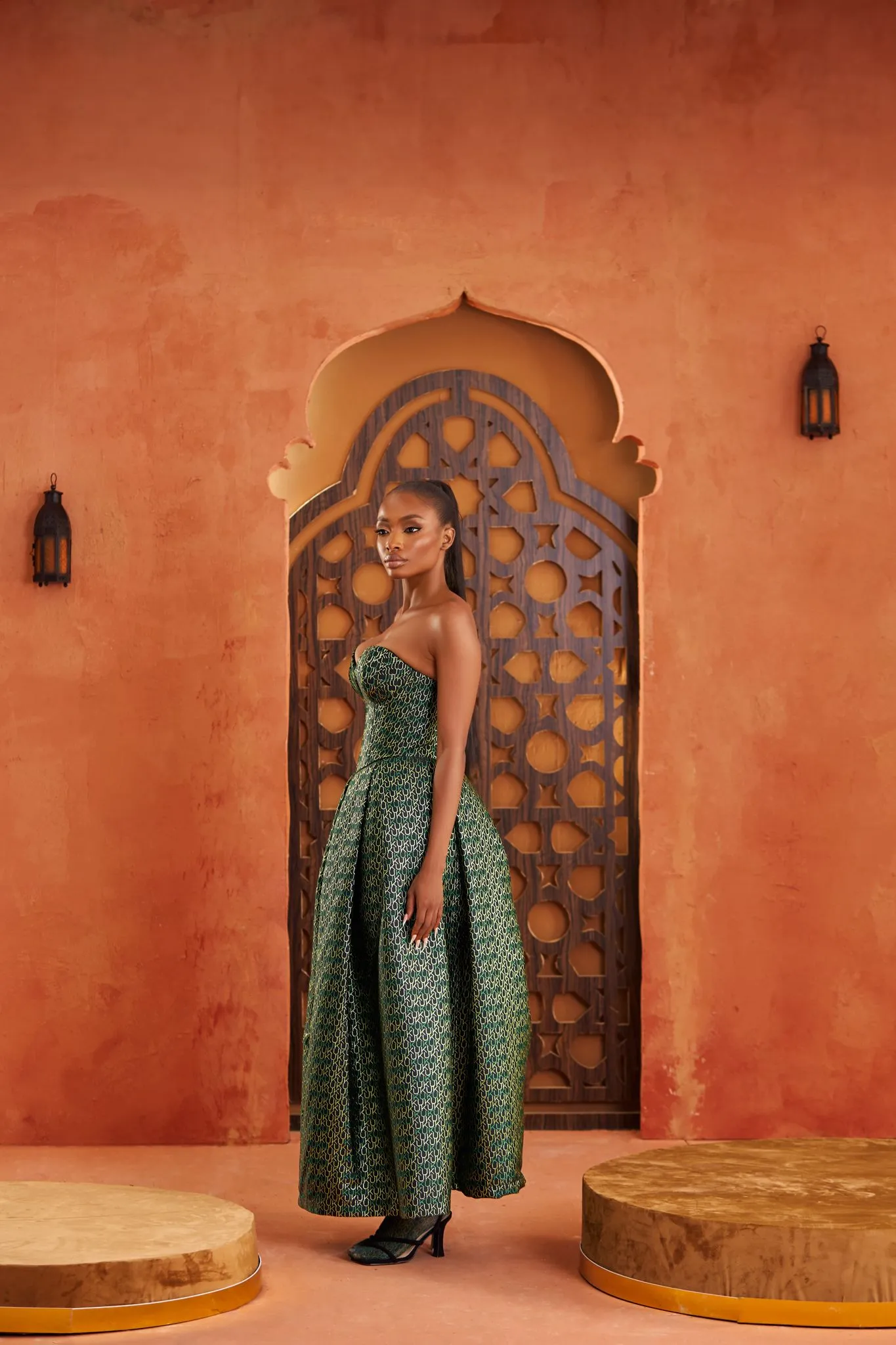 Green Monogram Jacquard Pleat A-Line Skirt
