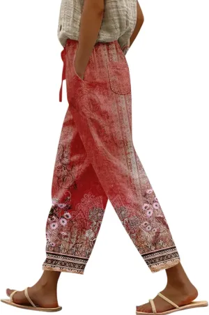 Ladies Gradient Color Printing Drawstring Pocket Elastic Waist Dressy Casual Loose Fit Fashion