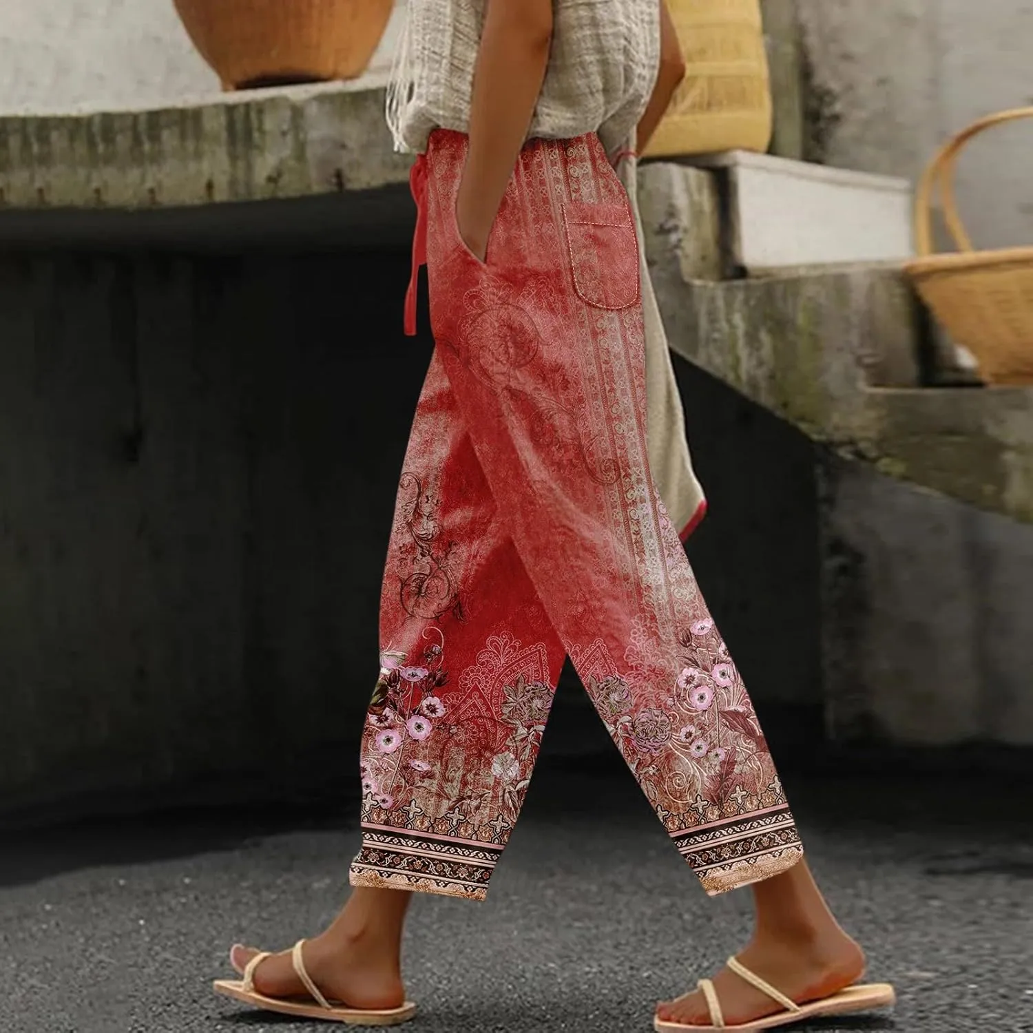 Ladies Gradient Color Printing Drawstring Pocket Elastic Waist Dressy Casual Loose Fit Fashion
