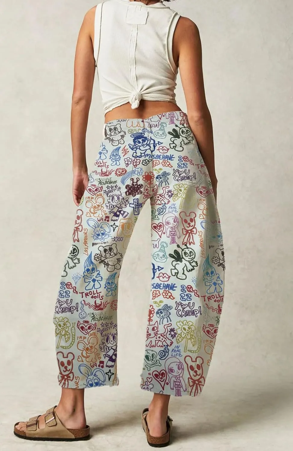 loveimgs Women Baggy Barrel Jeans Mid Rise Printed Denim Pants Wide Leg Jeans Boyfriend Y2k Patchwork Cartoon 2025 Hippie