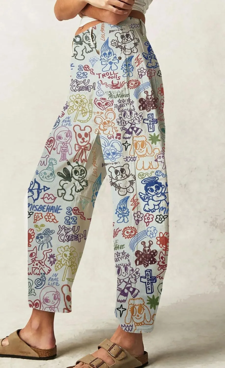 loveimgs Women Baggy Barrel Jeans Mid Rise Printed Denim Pants Wide Leg Jeans Boyfriend Y2k Patchwork Cartoon 2025 Hippie