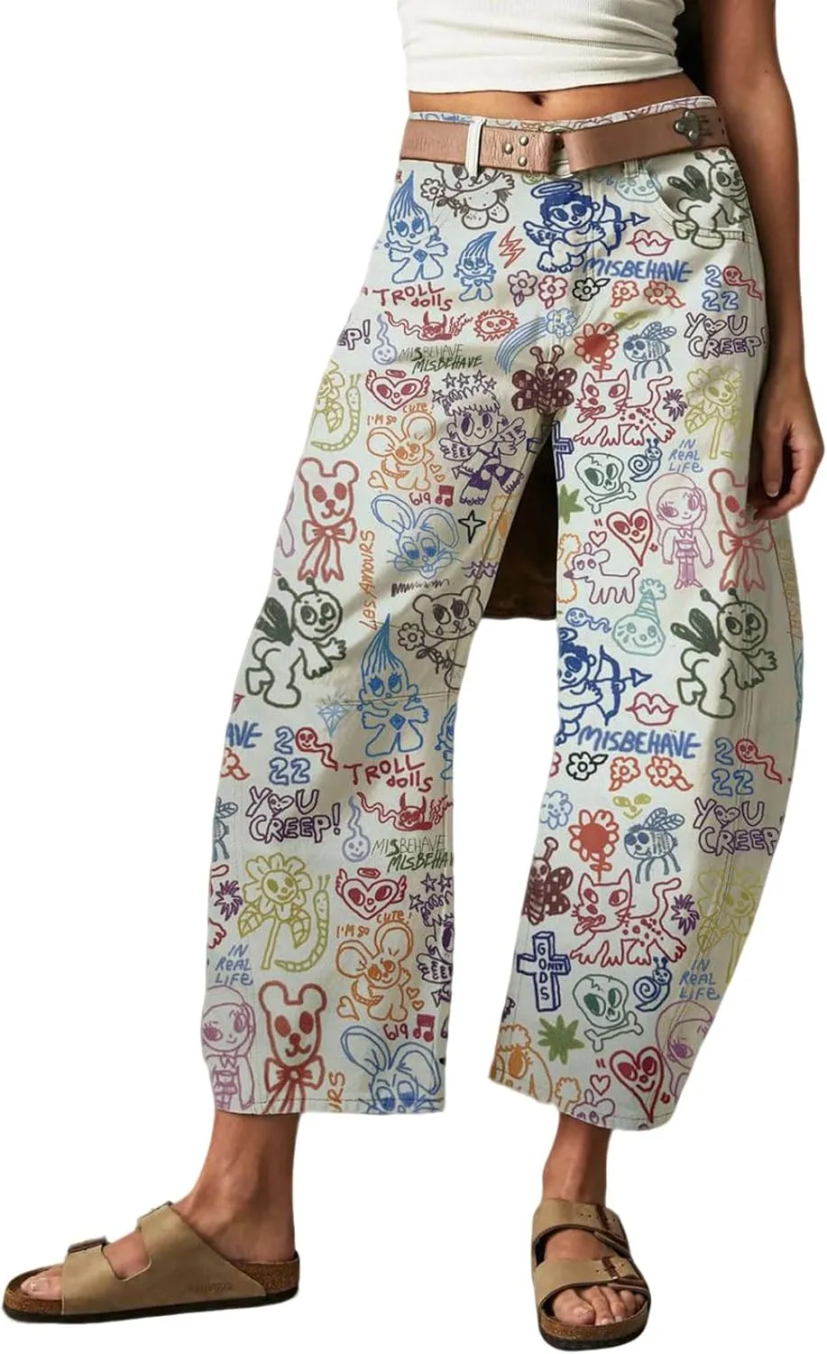 loveimgs Women Baggy Barrel Jeans Mid Rise Printed Denim Pants Wide Leg Jeans Boyfriend Y2k Patchwork Cartoon 2025 Hippie