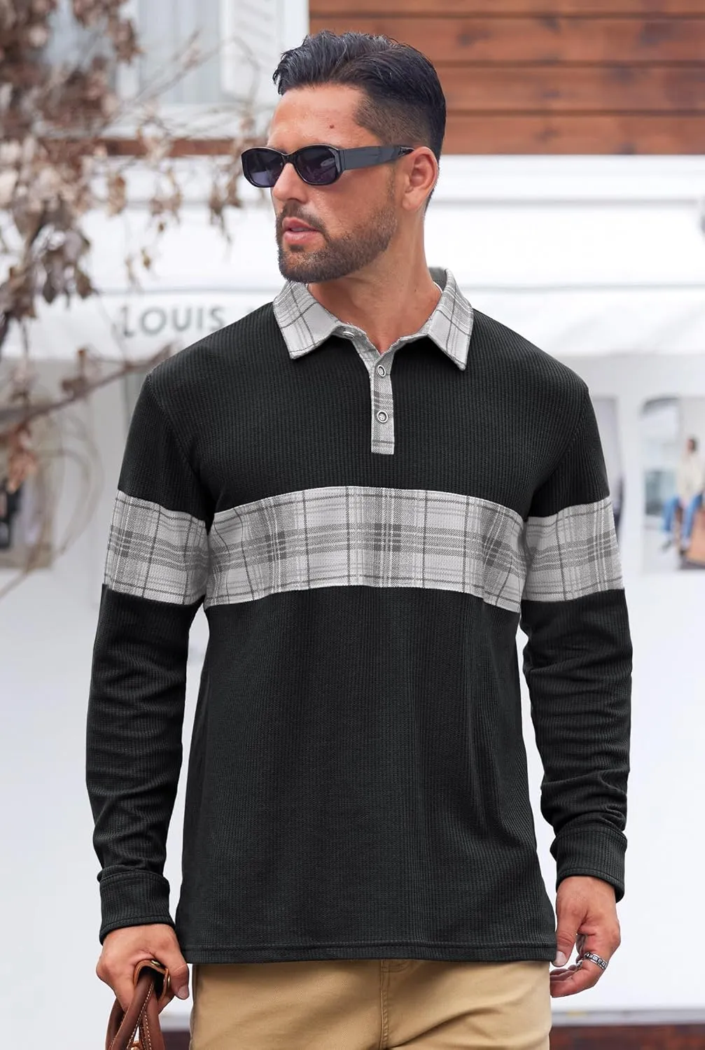 Mens Long Sleeve Polo Shirts Print Casual Vintage Classic Golf Shirt (S-XXL)