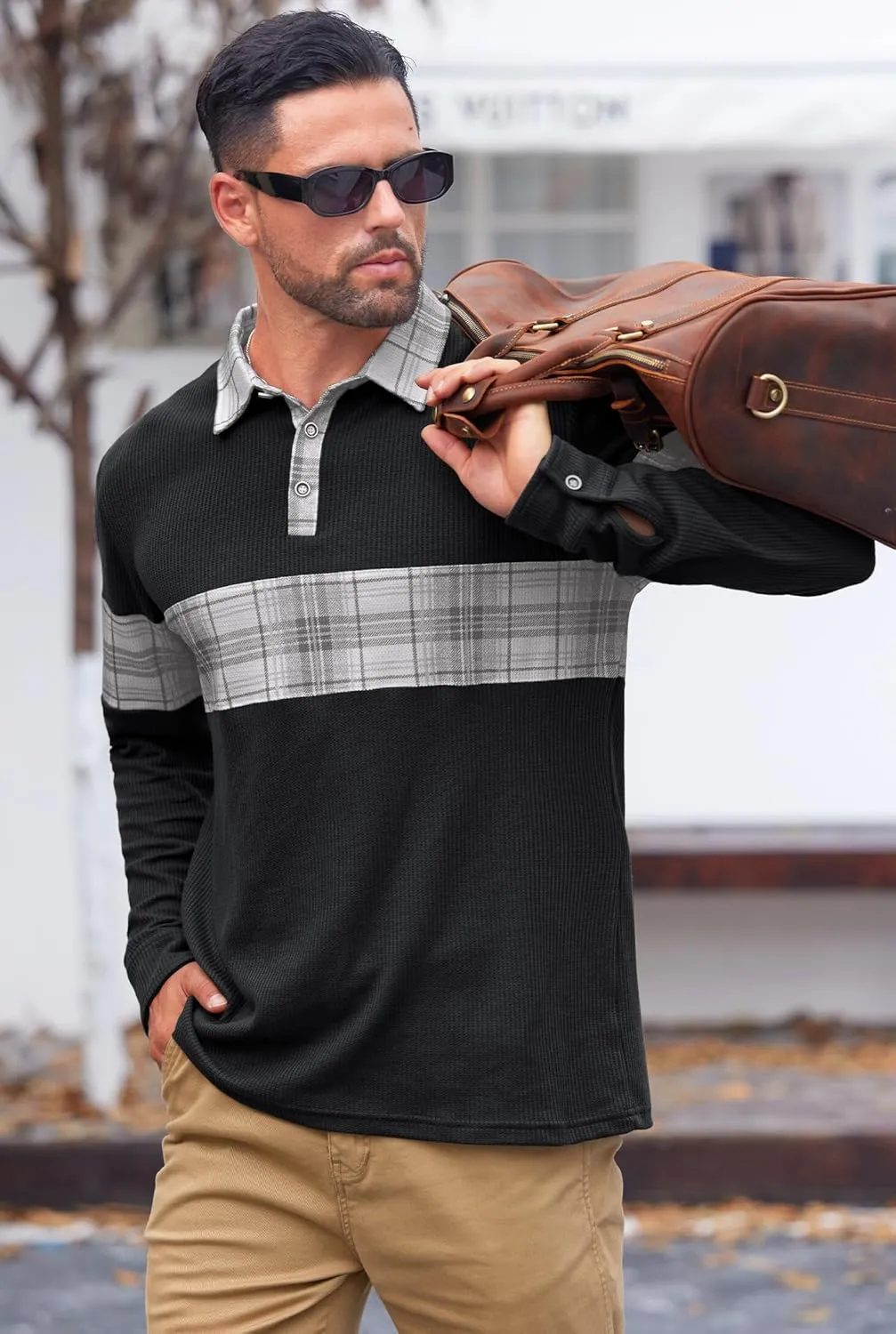 Mens Long Sleeve Polo Shirts Print Casual Vintage Classic Golf Shirt (S-XXL)