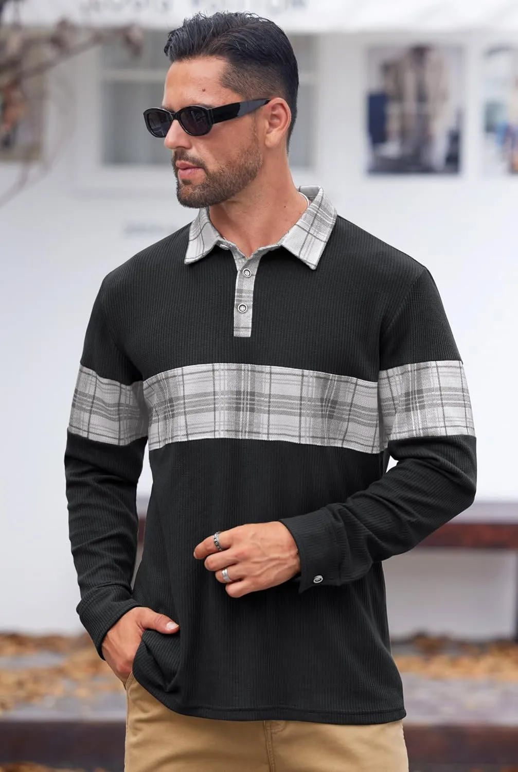 Mens Long Sleeve Polo Shirts Print Casual Vintage Classic Golf Shirt (S-XXL)