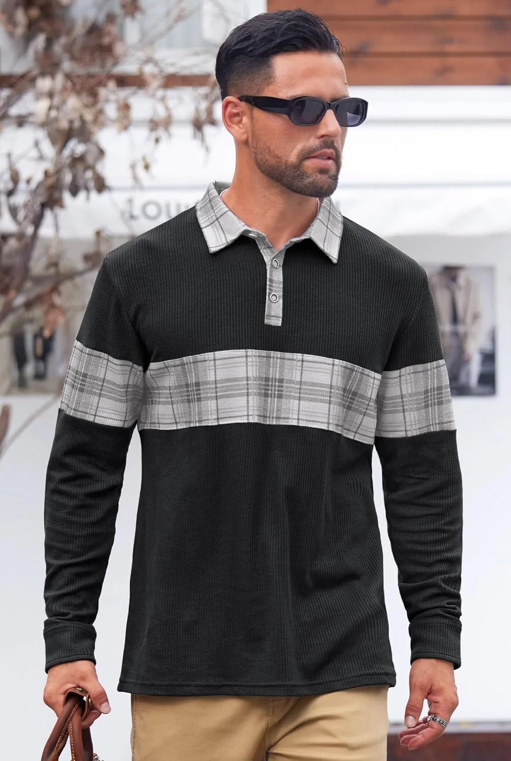 Mens Long Sleeve Polo Shirts Print Casual Vintage Classic Golf Shirt (S-XXL)