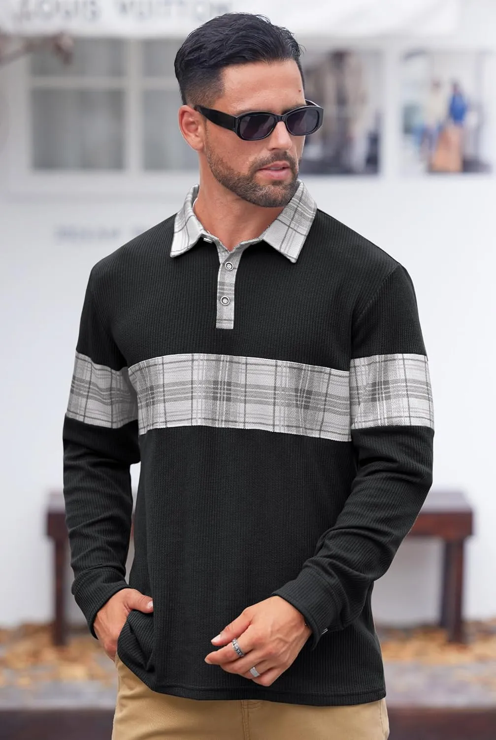 Mens Long Sleeve Polo Shirts Print Casual Vintage Classic Golf Shirt (S-XXL)