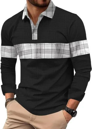 Mens Long Sleeve Polo Shirts Print Casual Vintage Classic Golf Shirt (S-XXL)