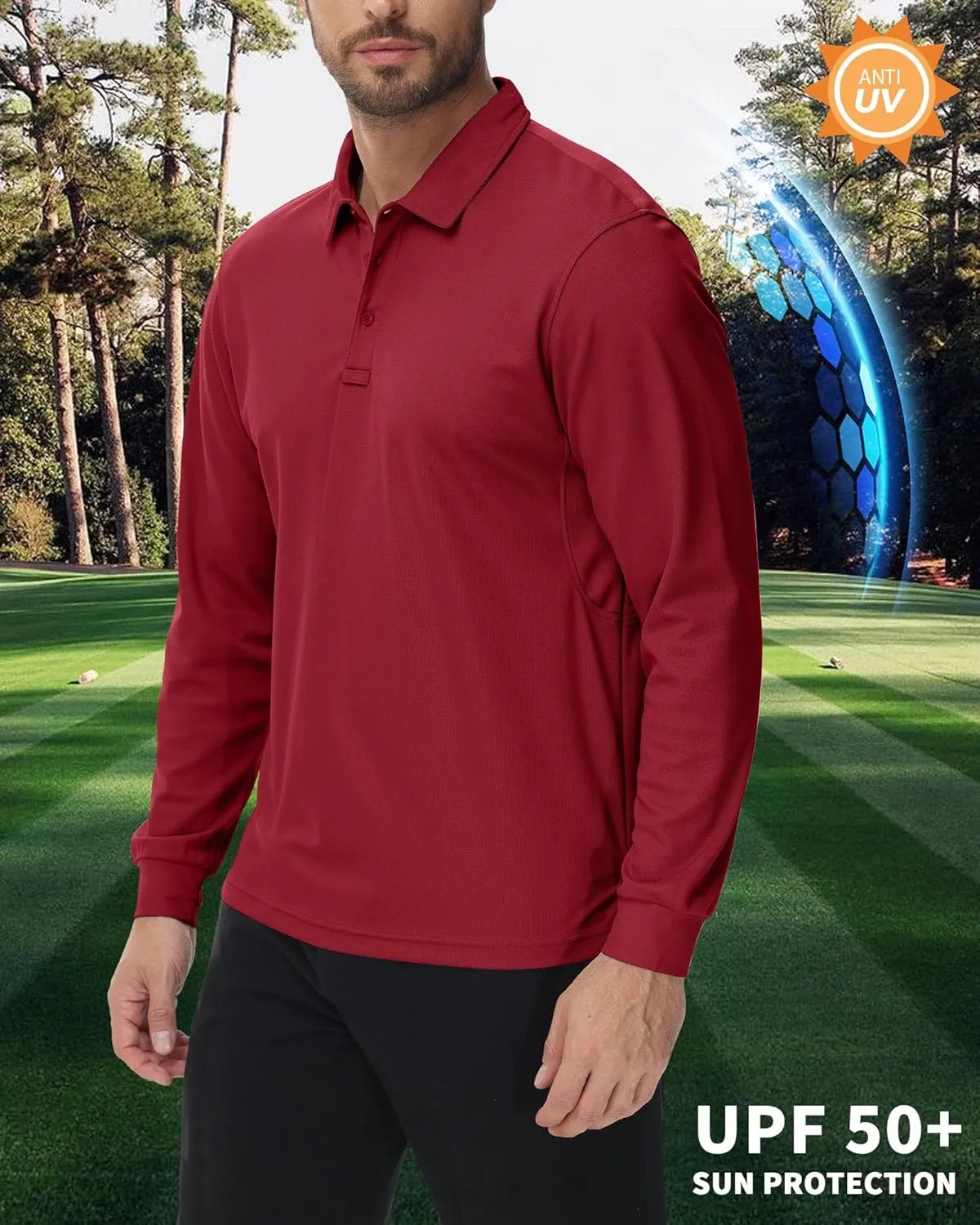 Men's Polo Shirt Quick Dry Button Golf Shirts UPF 50  Sun Protection Polos Long Sleeve Casual Collar T Shirts