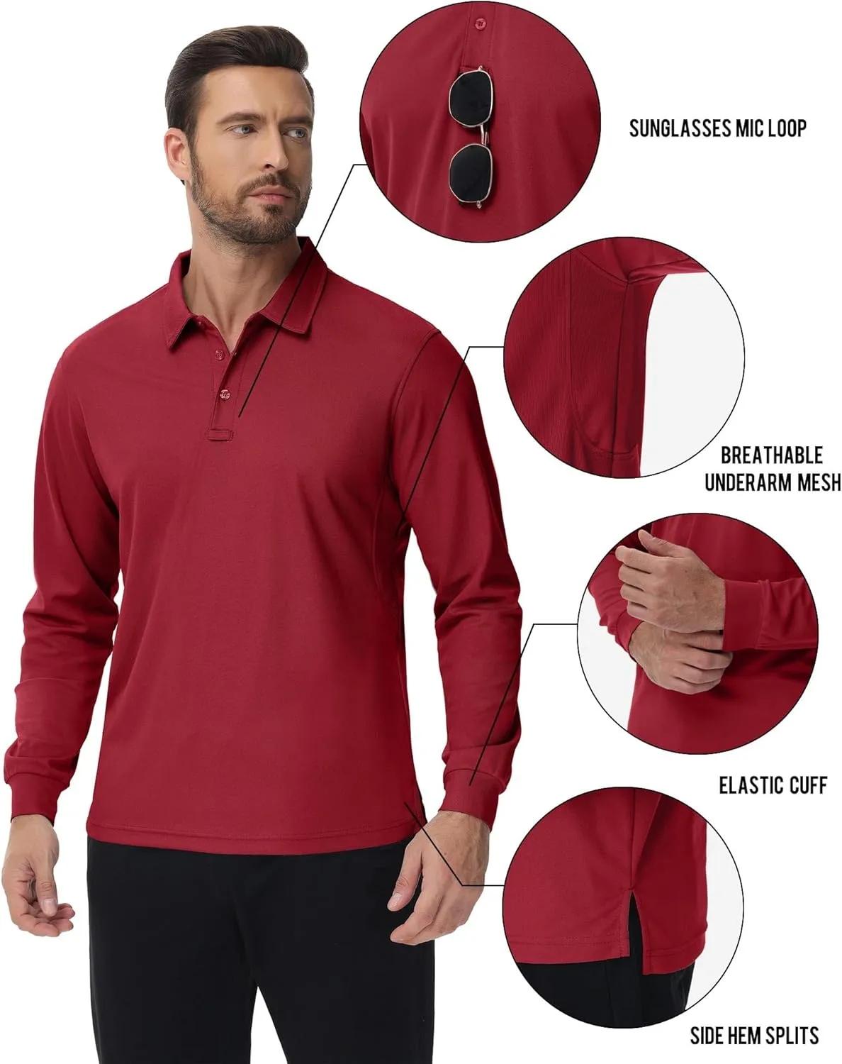 Men's Polo Shirt Quick Dry Button Golf Shirts UPF 50  Sun Protection Polos Long Sleeve Casual Collar T Shirts