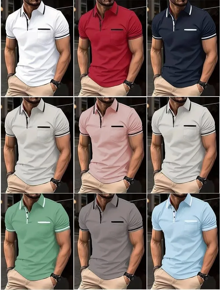 Men's Polo Shirts 2025 Short Sleeve Casual Polo T Shirt Color Block Slim Fit Golf Shirts with Pocket