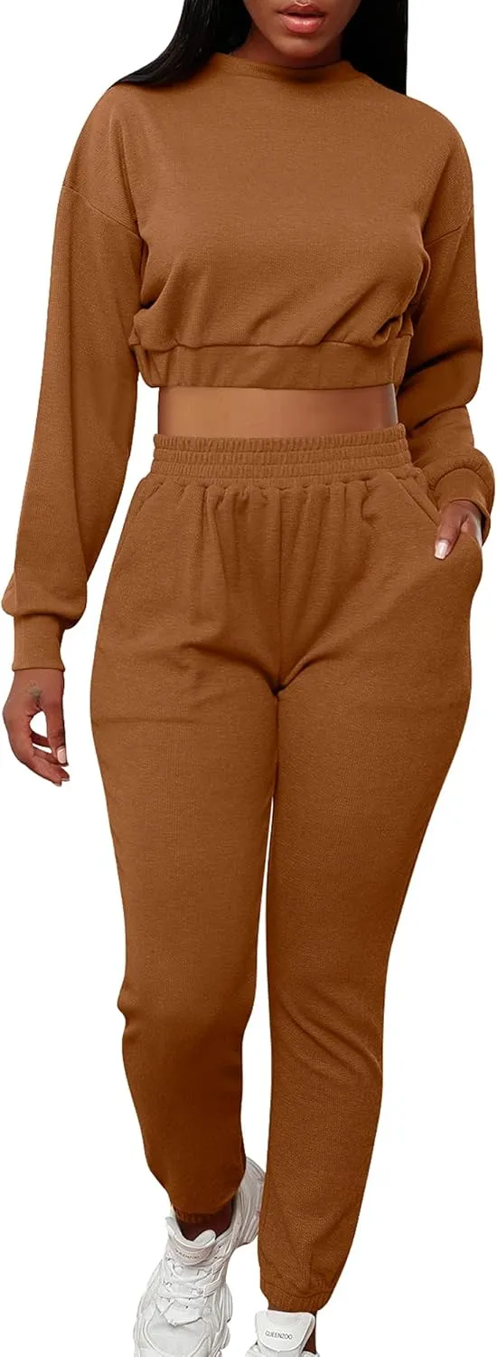 Mizoci Women's 2 Piece Outfits Lounge Jogger sets Long Sleeve Crop Top Pant Sweat Suit Tracksuit