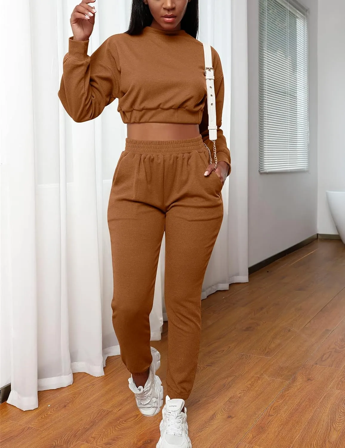 Mizoci Women's 2 Piece Outfits Lounge Jogger sets Long Sleeve Crop Top Pant Sweat Suit Tracksuit