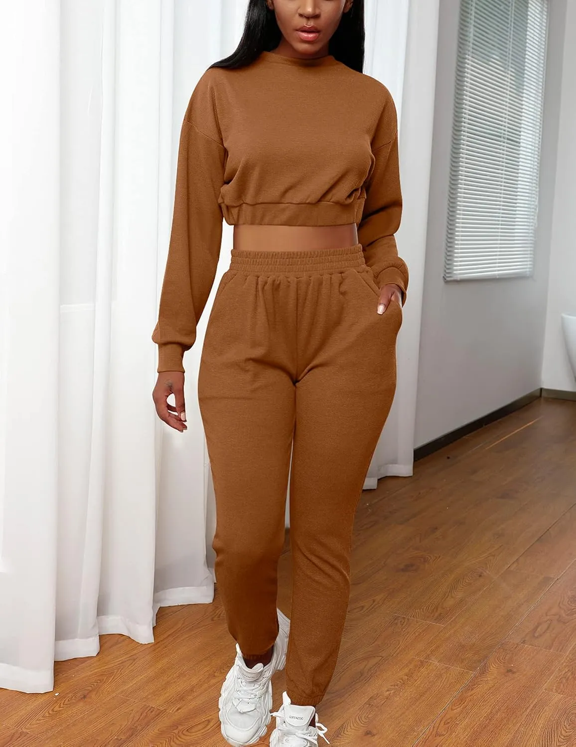Mizoci Women's 2 Piece Outfits Lounge Jogger sets Long Sleeve Crop Top Pant Sweat Suit Tracksuit