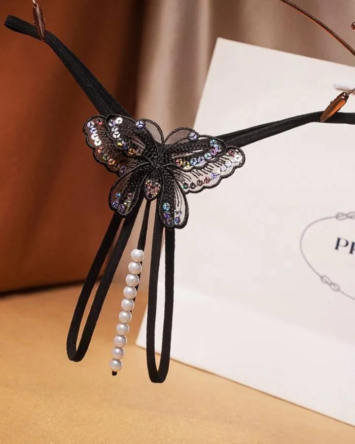 Sexy Butterfy Embroidery Splicing Pearl Thong Panties
