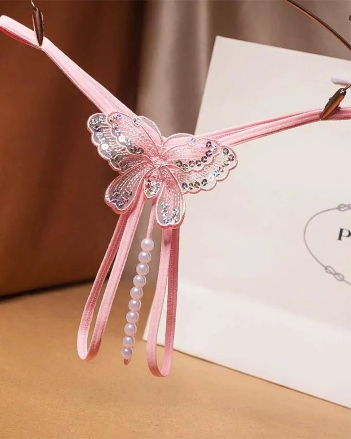 Sexy Butterfy Embroidery Splicing Pearl Thong Panties