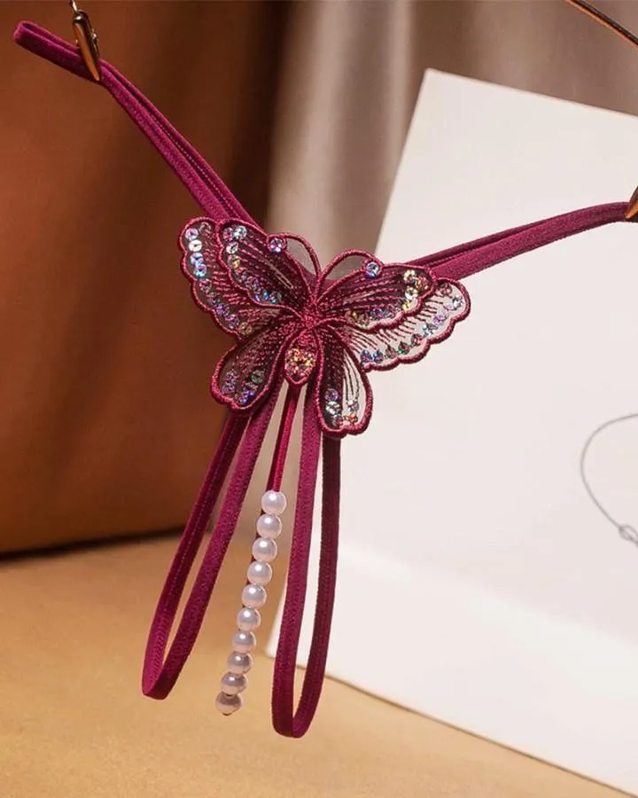 Sexy Butterfy Embroidery Splicing Pearl Thong Panties