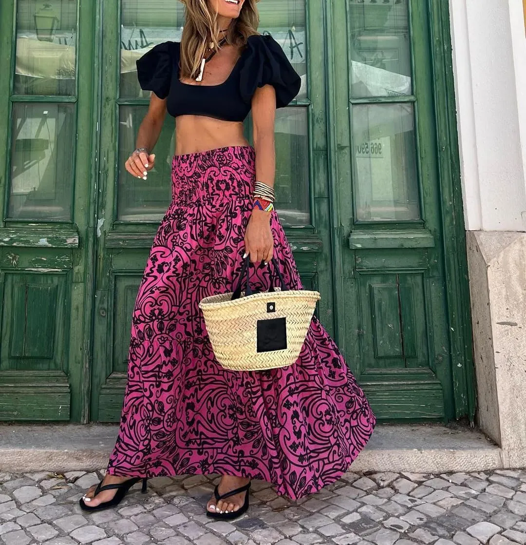 Spevert Women's Bohemian Floral Printed Elastic Waist A Line Maxi Skirt for Women Summer Casual Long Skirt