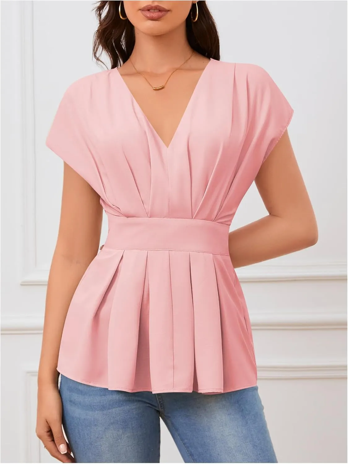 SweatyRocks Women's Batwing Sleeve V Neck Fold Pleated Ruffle Hem Blouse Peplum Top