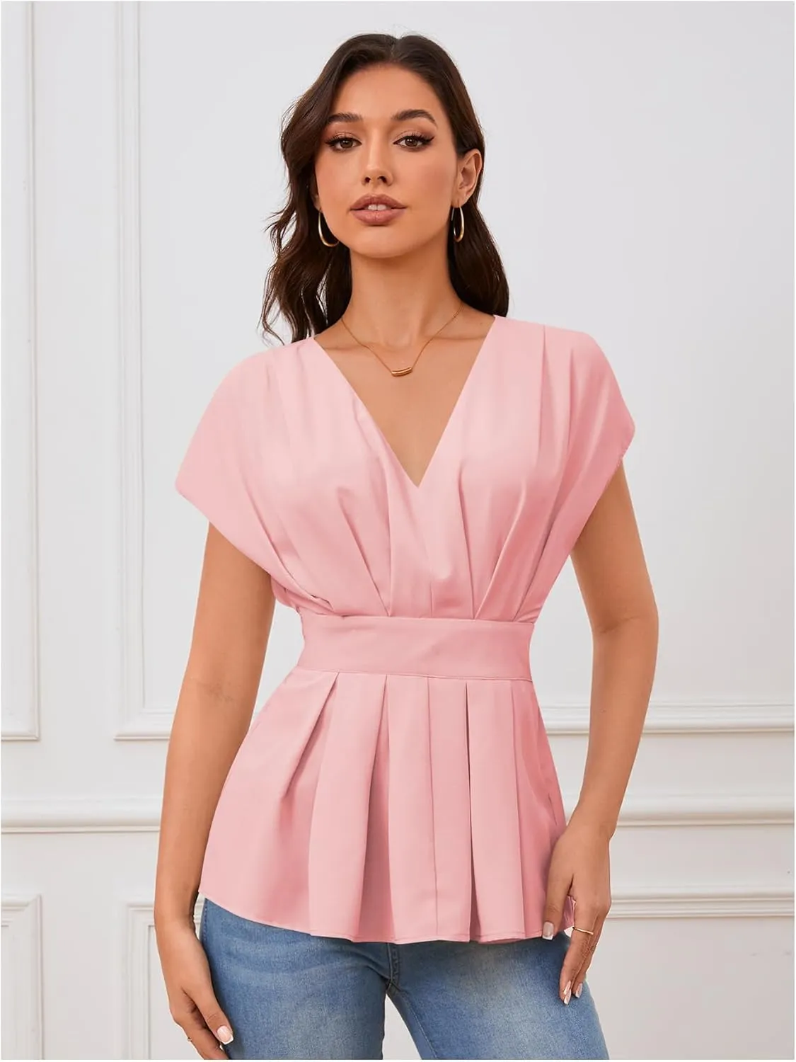 SweatyRocks Women's Batwing Sleeve V Neck Fold Pleated Ruffle Hem Blouse Peplum Top