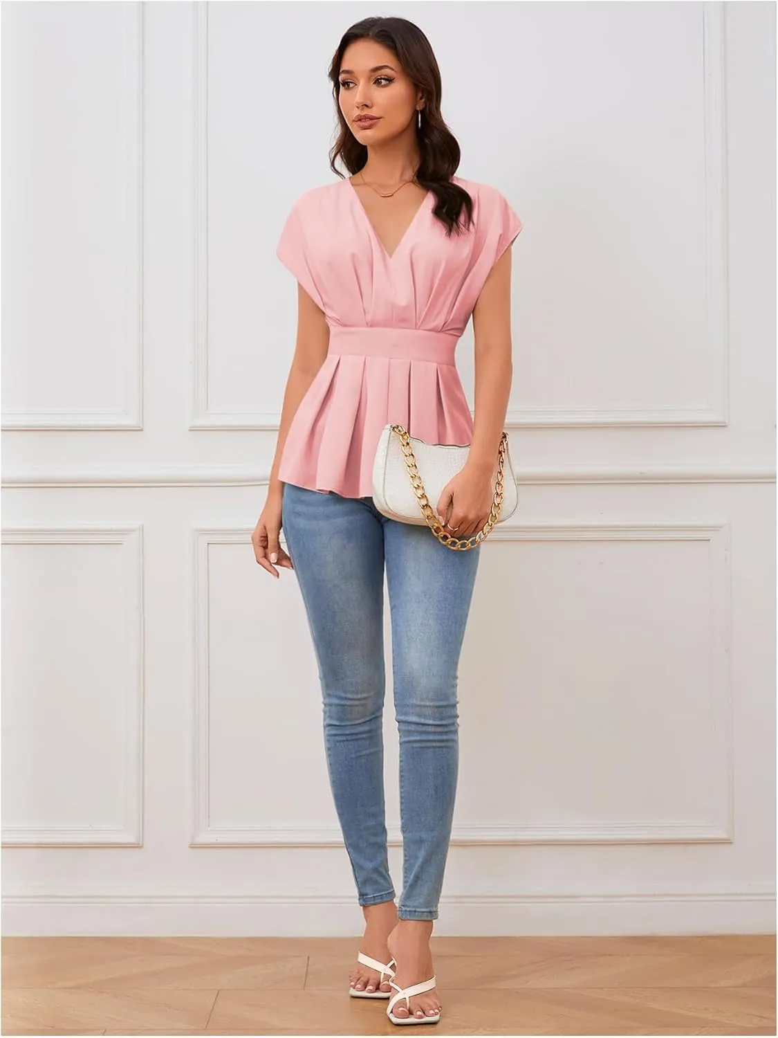 SweatyRocks Women's Batwing Sleeve V Neck Fold Pleated Ruffle Hem Blouse Peplum Top
