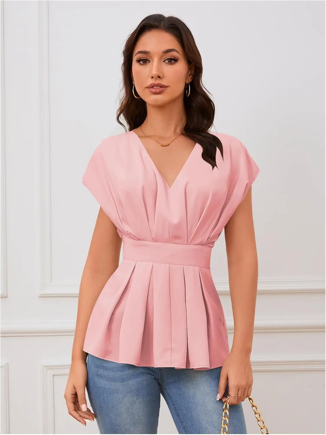 SweatyRocks Women's Batwing Sleeve V Neck Fold Pleated Ruffle Hem Blouse Peplum Top