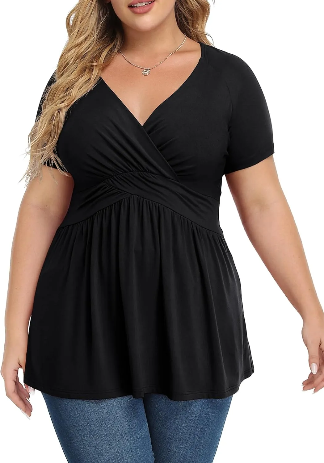 TIANZHU Women's Plus Size Dressy Tops Wrap Shirt Short Sleeve Tunic Top V Neck Low Cut Cute Blouse