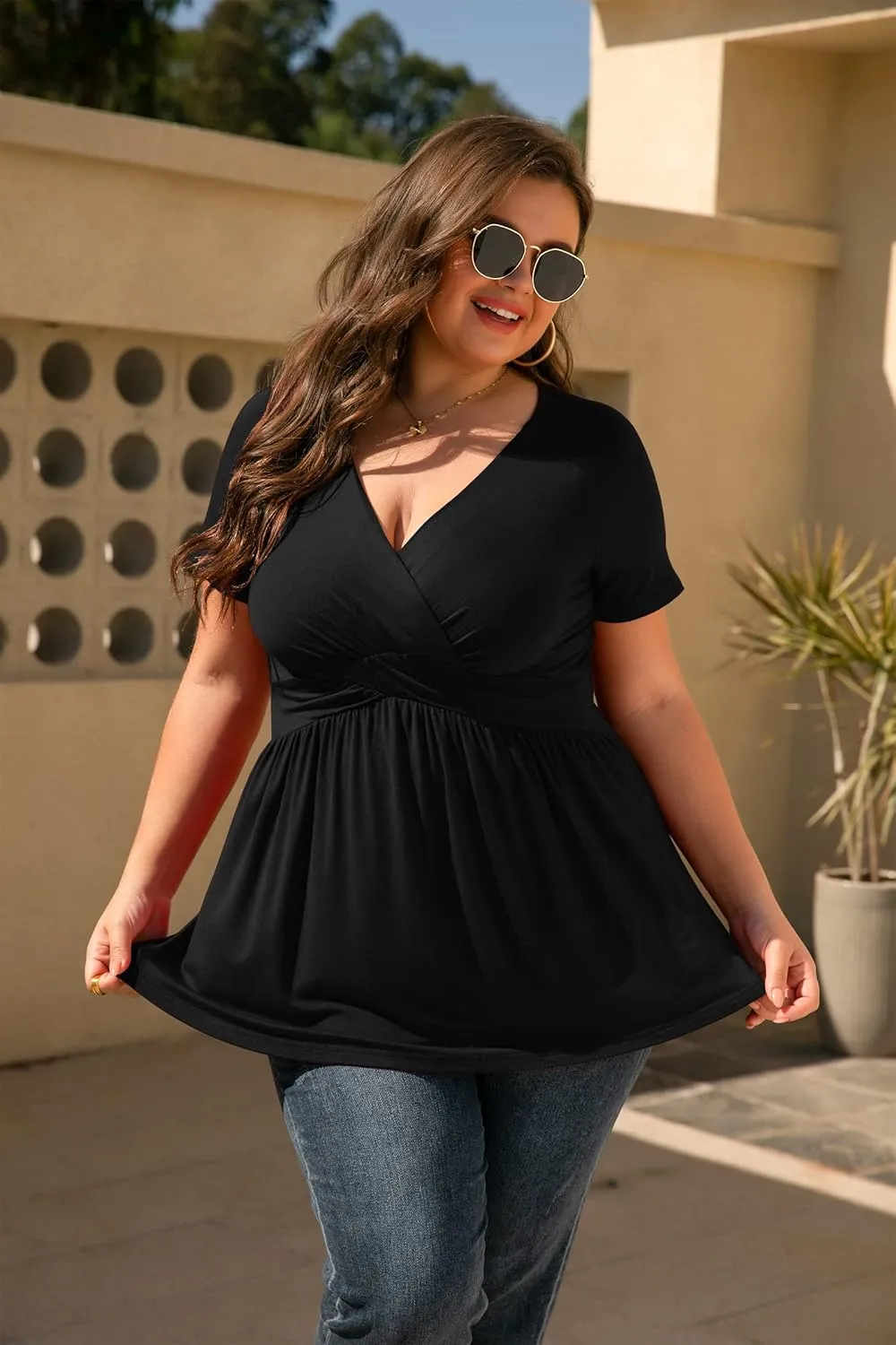 TIANZHU Women's Plus Size Dressy Tops Wrap Shirt Short Sleeve Tunic Top V Neck Low Cut Cute Blouse