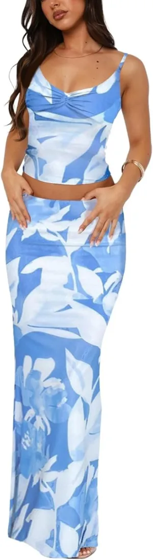 Two Piece Skirt Set for Women - Sexy 2 Pc Sleeveless Spaghetti Strap Pleated Tank Top Maxi Long Skirts Sets