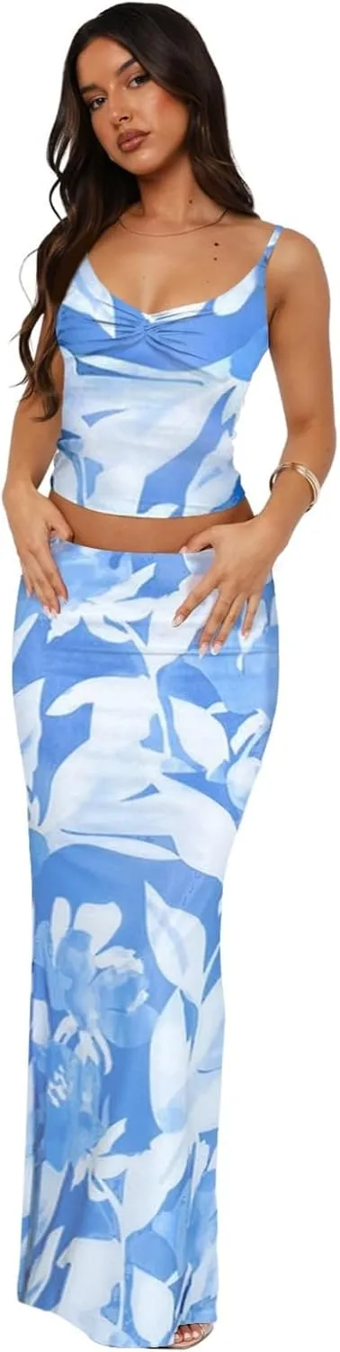 Two Piece Skirt Set for Women - Sexy 2 Pc Sleeveless Spaghetti Strap Pleated Tank Top Maxi Long Skirts Sets