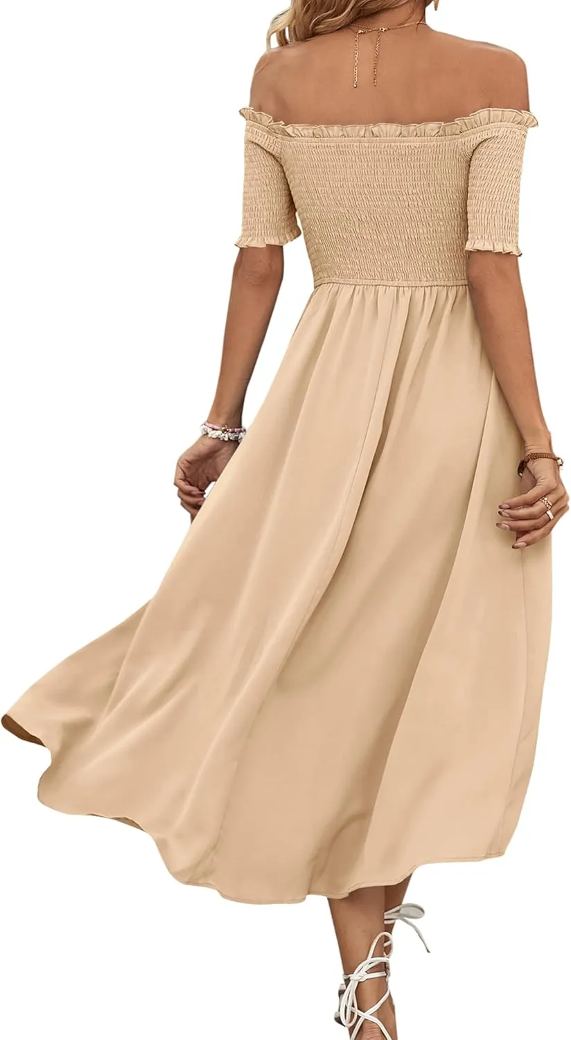 Umenlele Women's Off Shoulder Smocked Wrap Asymmetric Swing Hem Short Sleeve Summer Midi Dress