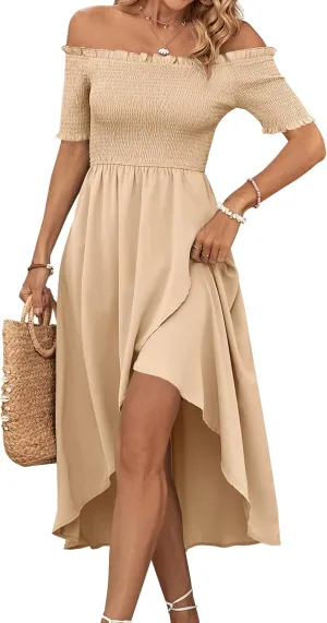 Umenlele Women's Off Shoulder Smocked Wrap Asymmetric Swing Hem Short Sleeve Summer Midi Dress