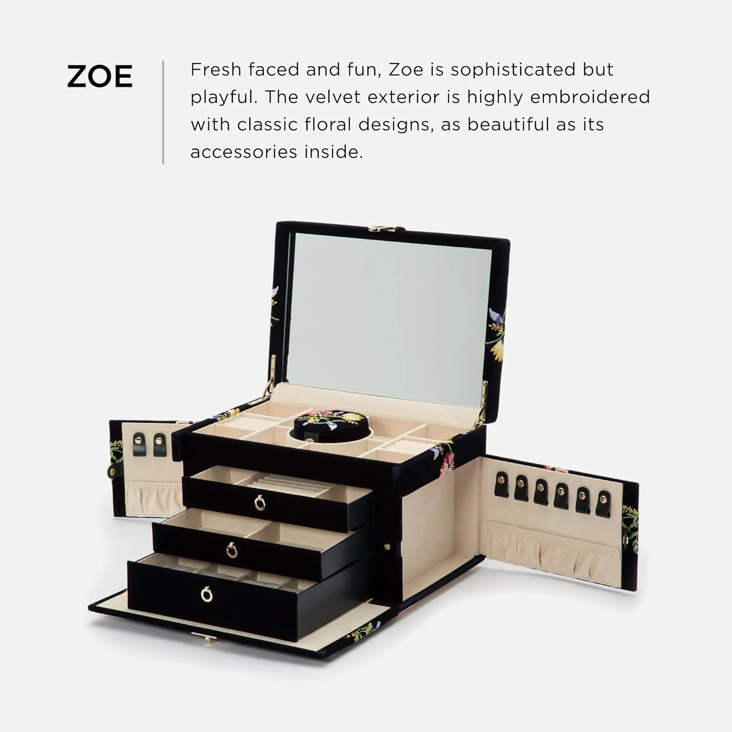 WOLF Zoe Large Jewelry Box, Indigo - 20 Compartments, 18 Ring Rolls, 12 Necklace Compartments, 5 Bracelet Compartments, 6 Bracelet/Watch Cuffs & Removable Travel Case