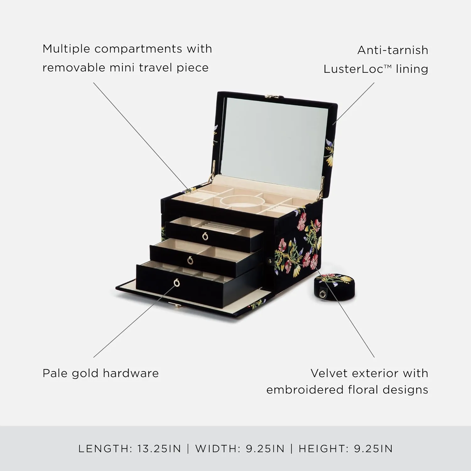 WOLF Zoe Large Jewelry Box, Indigo - 20 Compartments, 18 Ring Rolls, 12 Necklace Compartments, 5 Bracelet Compartments, 6 Bracelet/Watch Cuffs & Removable Travel Case