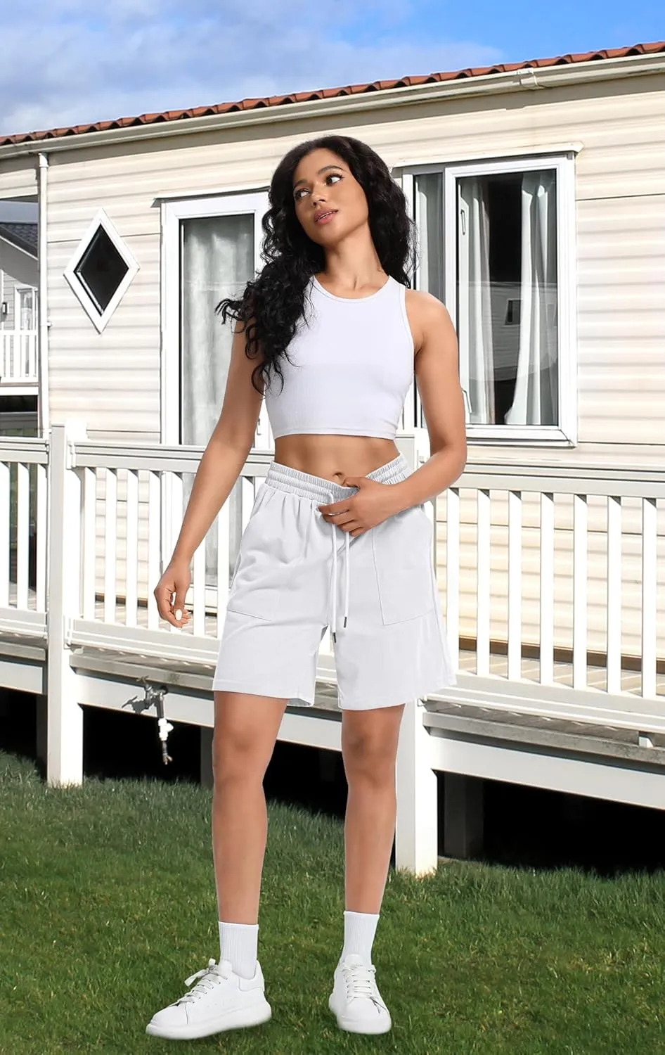 Women Cotton Sweat Shorts Casual Summer High Waist Loose Drawstring Athletic Shorts with Pockets