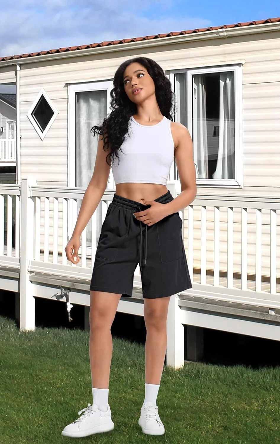 Women Cotton Sweat Shorts Casual Summer High Waist Loose Drawstring Athletic Shorts with Pockets