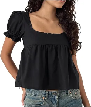 Women Y2k Puff Short Sleeve Top Backless Ruffle Hem Square Neck Fitted Crop Blouse Pleated Solid T Shirt