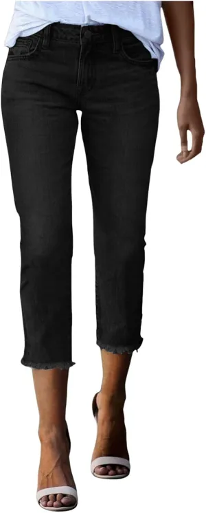 Women's Capri Jeans High Waisted Summer Fashion Straight Leg Denim Cropped Pant Casual Raw Hem Stretch Jeans Capris
