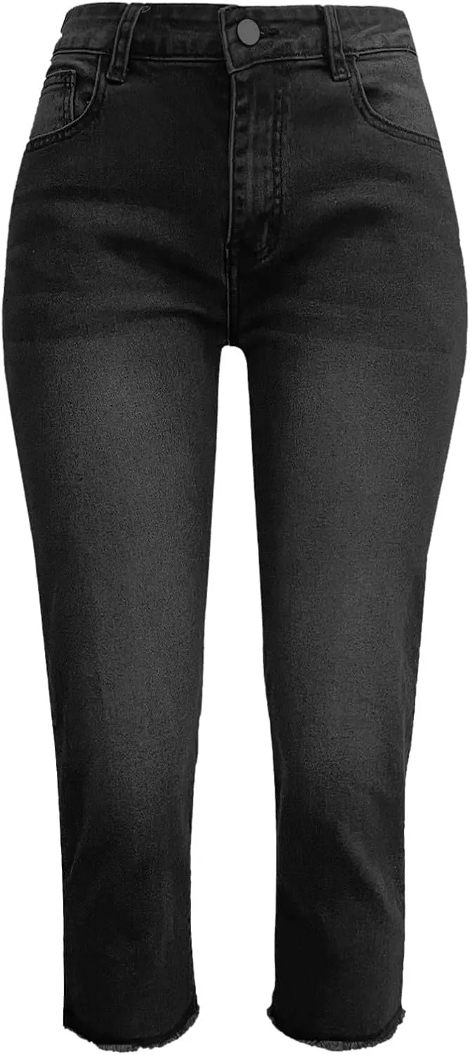 Women's Capri Jeans High Waisted Summer Fashion Straight Leg Denim Cropped Pant Casual Raw Hem Stretch Jeans Capris