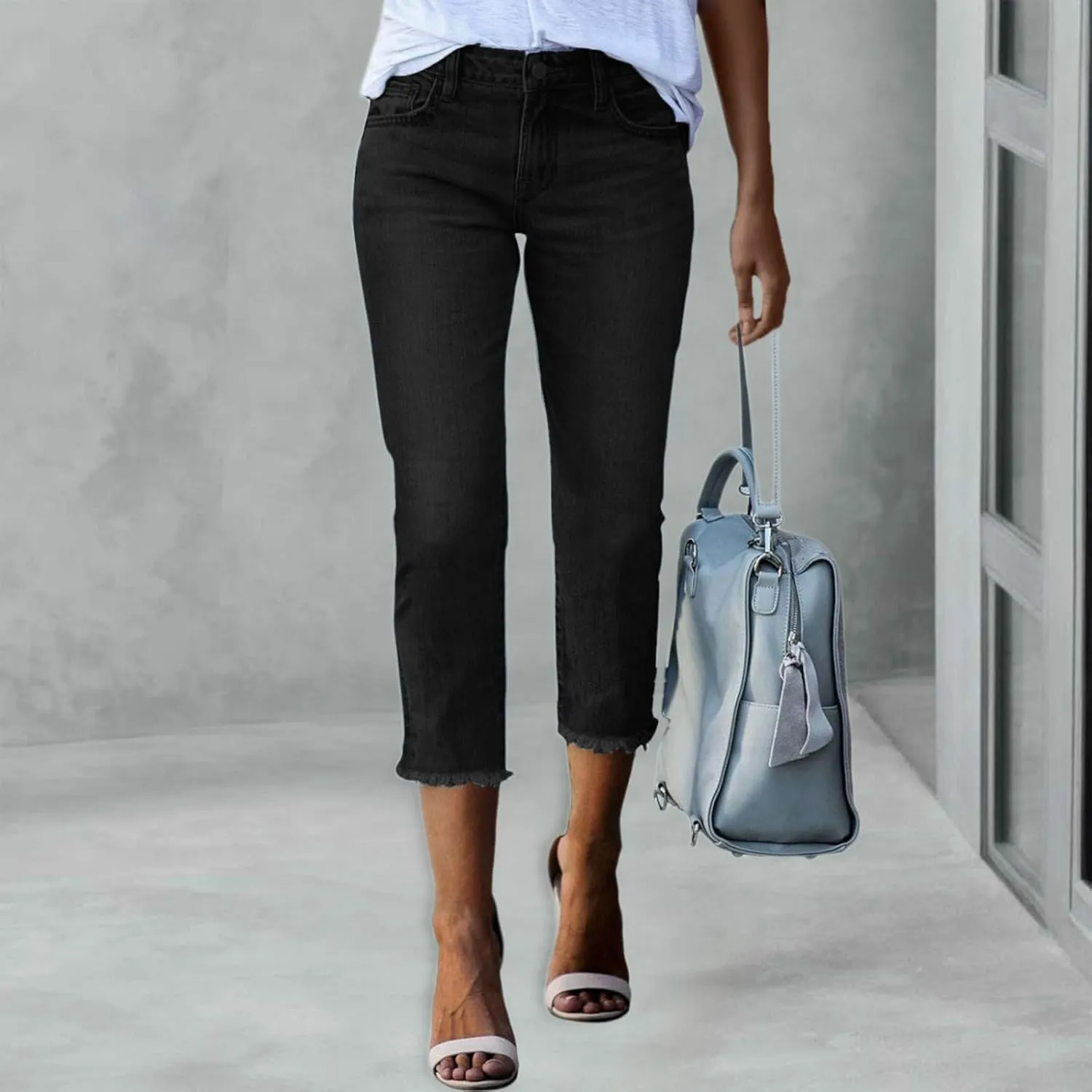 Women's Capri Jeans High Waisted Summer Fashion Straight Leg Denim Cropped Pant Casual Raw Hem Stretch Jeans Capris