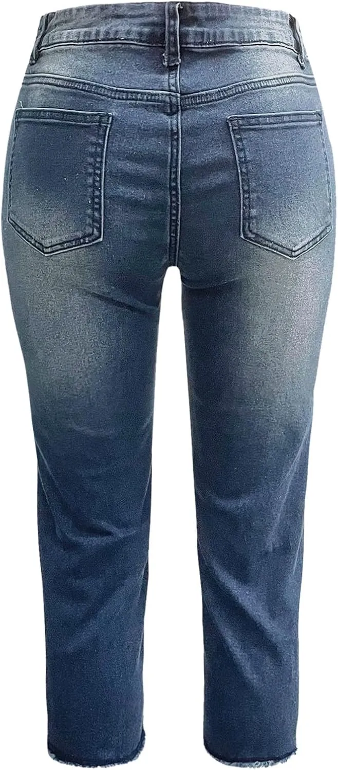 Women's Capri Jeans High Waisted Summer Fashion Straight Leg Denim Cropped Pant Casual Raw Hem Stretch Jeans Capris