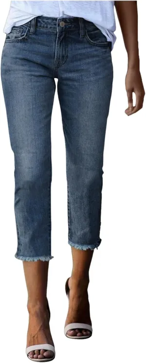 Women's Capri Jeans High Waisted Summer Fashion Straight Leg Denim Cropped Pant Casual Raw Hem Stretch Jeans Capris
