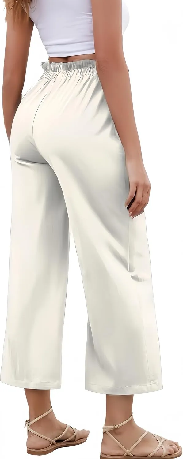 Women's Casual High Waisted Pants Self-tie Belted Lounge Pants Straight Long Trousers with Pockets